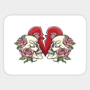 Two Skulls in Roses and Broken Heart Sticker
